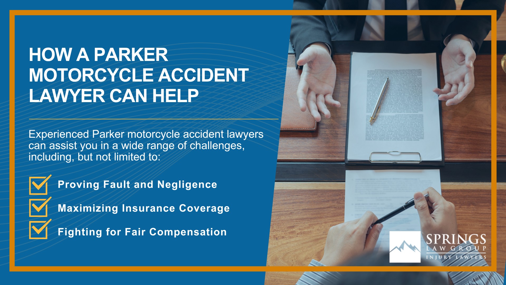 Hiring a Motorcycle Accident Lawyer in Parker, Colorado (CO); Types of Motorcycle Accidents in Parker, Colorado (CO); Motorcycle Insurance Laws in Parker, Colorado (CO); Navigating the Claims Process After a Motorcycle Accident in Parker, Colorado (CO); Common Injuries Sustained in Parker Truck Accidents; How a Parker Motorcycle Accident Lawyer Can Help