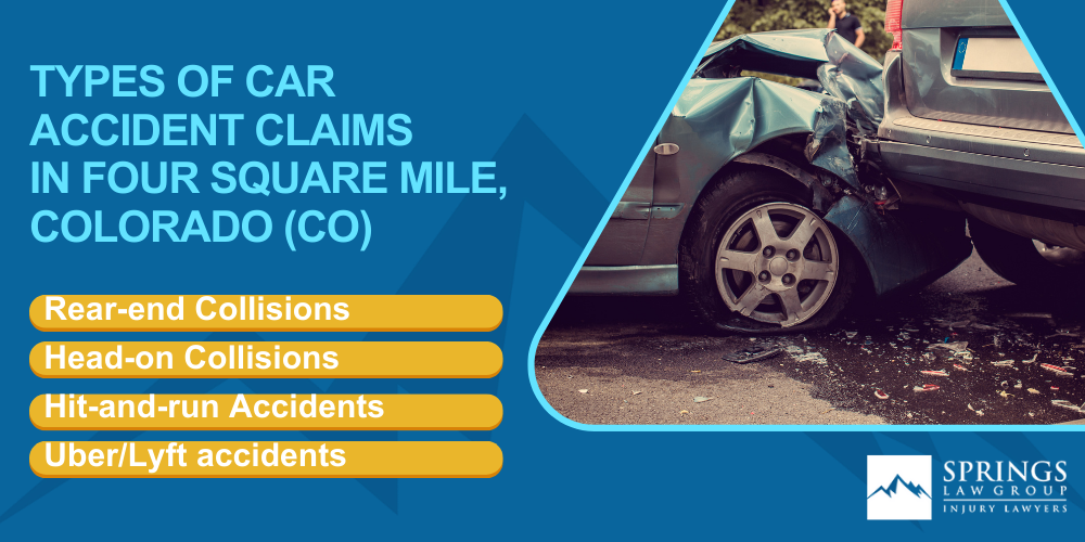 Four Square Mile Car Accident Lawyer; Why Hire a Four Square Mile Car Accident Lawyer; Types of Car Accident Claims in Four Square Mile, Colorado (CO)