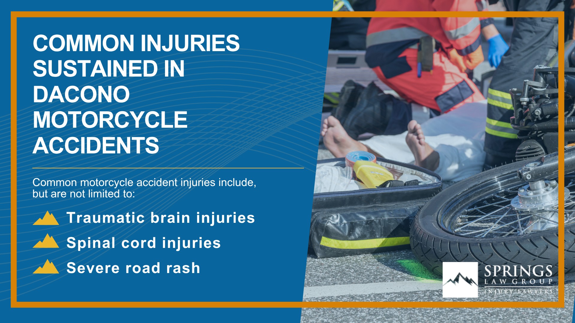 Types of Motorcycle Accidents in Dacono, Colorado (CO); Hiring a Motorcycle Accident Lawyer in Dacono, Colorado (CO); Motorcycle Insurance Laws in Dacono, Colorado (CO); Common Injuries Sustained in Dacono Motorcycle Accidents
