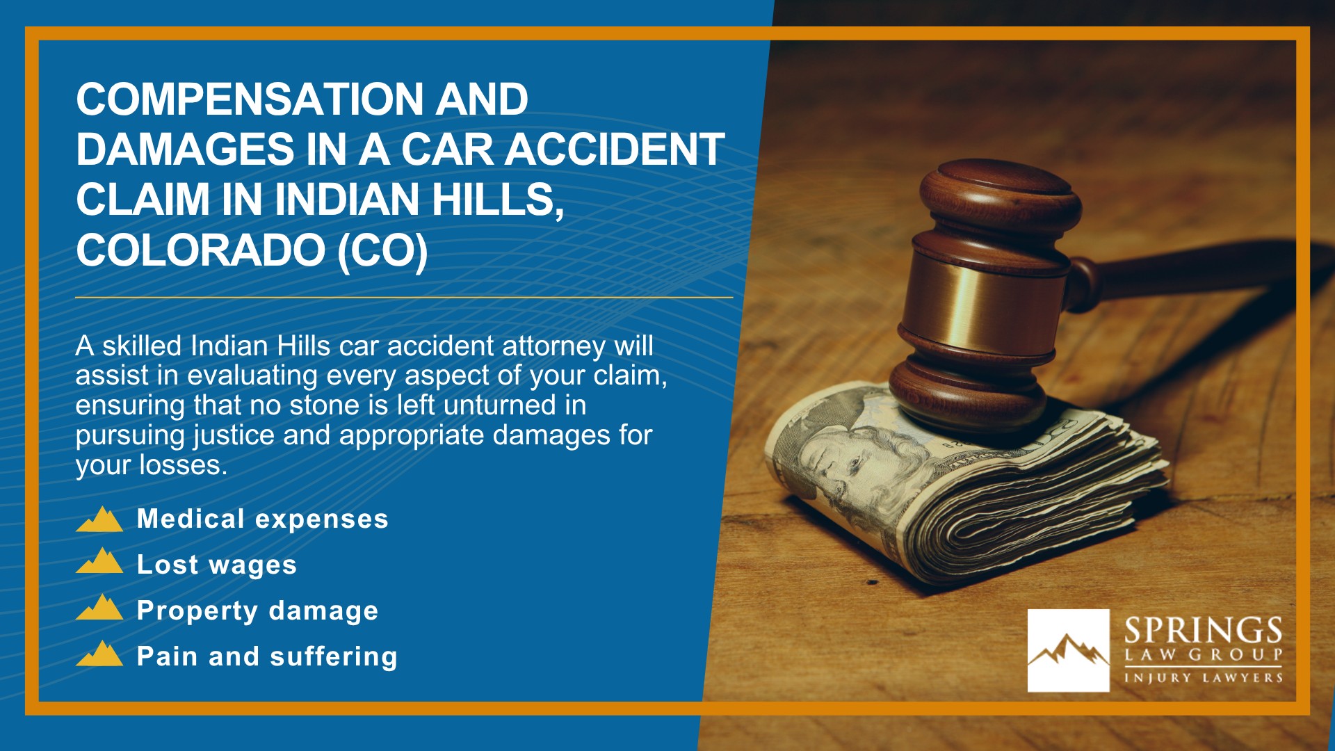 Why Hire an Indian Hills Car Accident Lawyer; Experienced in Colorado car accident laws; Types of Car Accident Claims in Indian Hills, Colorado (CO); Understanding Negligence in Indian Hills Car Accidents; What to Do After a Car Accident in Indian Hills, Colorado (CO); Compensation and Damages in a Car Accident Claim in Indian Hills, Colorado (CO)