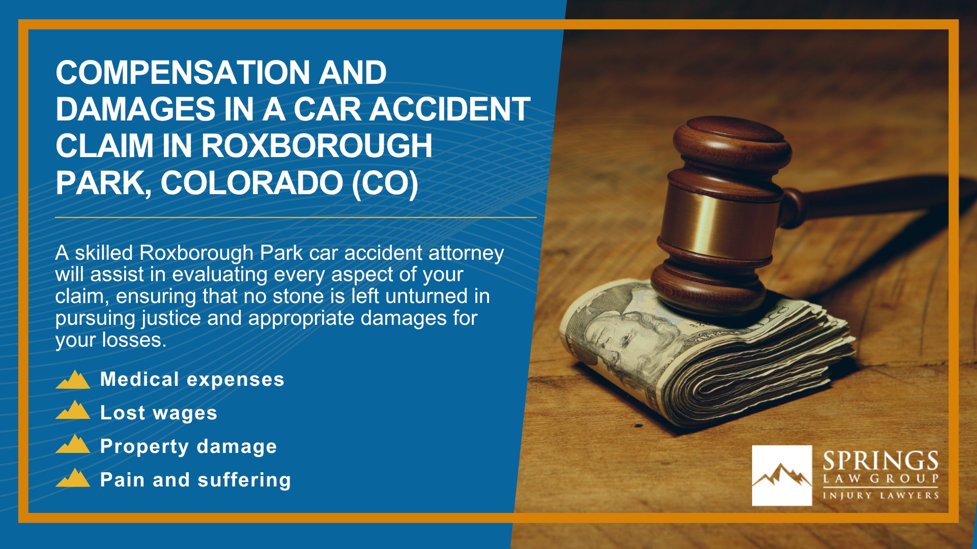 Why Hire a Roxborough Park Car Accident Lawyer; Experienced in Colorado car accident laws; Types of Car Accident Claims in Roxborough Park, Colorado (CO); Understanding Negligence in Roxborough Park Car Accidents; What to Do After a Car Accident in Roxborough Park, Colorado (CO); Compensation and Damages in a Car Accident Claim in Roxborough Park, Colorado (CO)