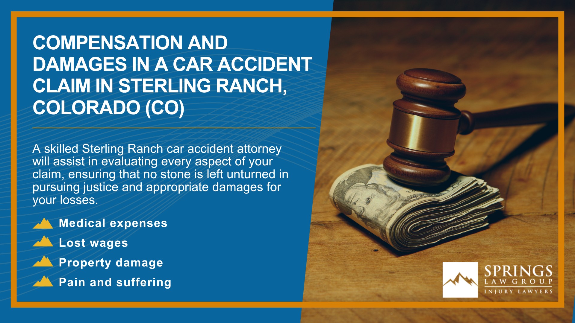 Why Hire a Sterling Ranch Car Accident Lawyer; Experienced in Colorado car accident laws; Types of Car Accident Claims in Sterling Ranch, Colorado (CO); Understanding Negligence in Sterling Ranch Car Accidents; What to Do After a Car Accident in Sterling Ranch, Colorado (CO); Compensation and Damages in a Car Accident Claim in Sterling Ranch, Colorado (CO)