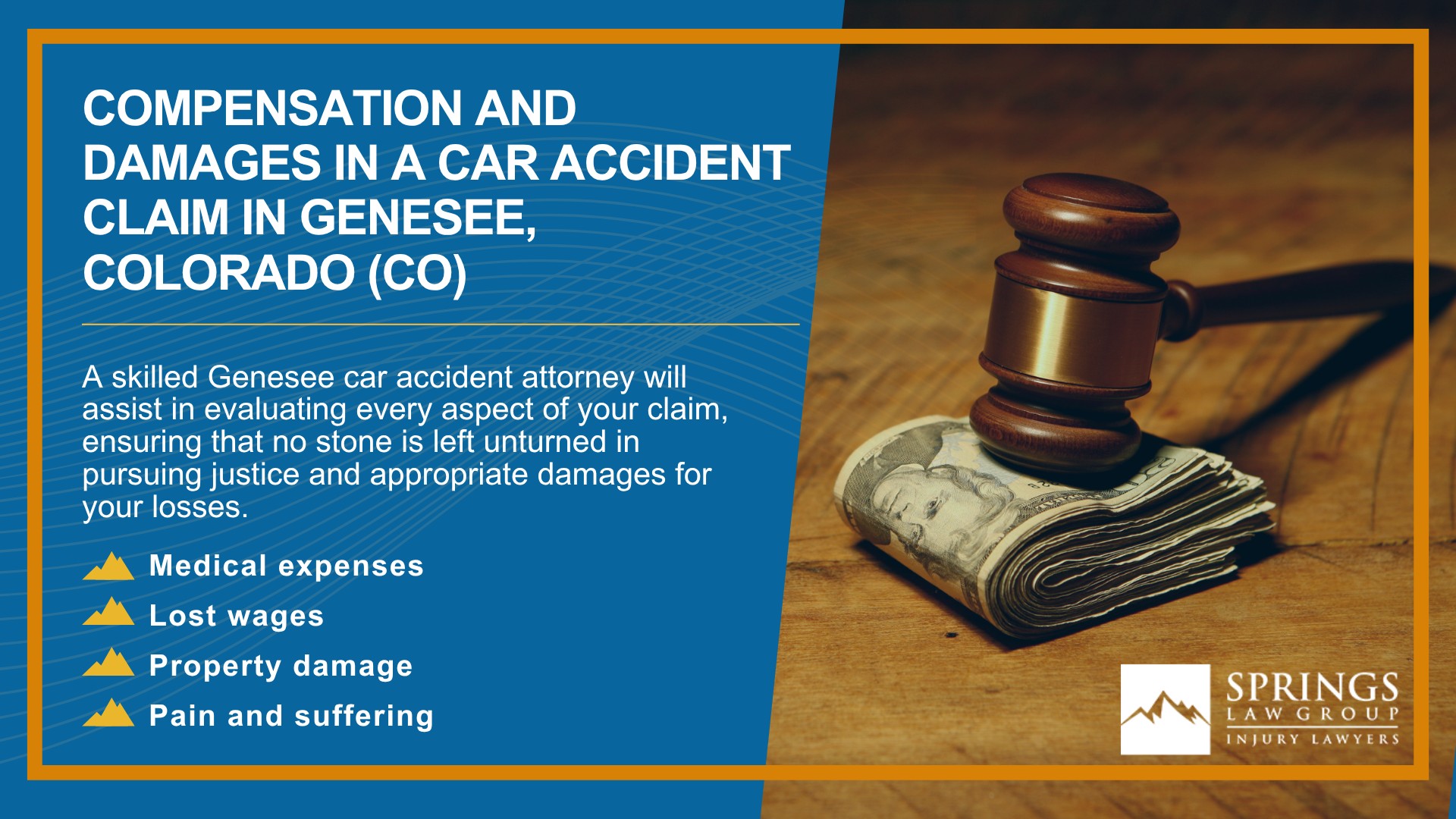 Why Hire a Genesee Car Accident Lawyer; Experienced in Colorado car accident laws; Types of Car Accident Claims in Genesee, Colorado (CO); Understanding Negligence in Genesee Car Accidents; What to Do After a Car Accident in Genesee, Colorado (CO); Compensation and Damages in a Car AccidentCompensation and Damages in a Car Accident Claim in Genesee, Colorado (CO)Claim in Evergreen, Colorado (CO)