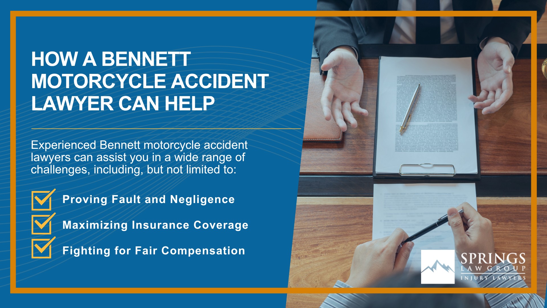 Hiring a Motorcycle Accident Lawyer in Bennett, Colorado (CO); Types of Motorcycle Accidents in Bennett, Colorado (CO); Motorcycle Insurance Laws in Bennett, Colorado (CO); Navigating the Claims Process After a Motorcycle Accident in Bennett, Colorado (CO); Common Injuries Sustained in Bennett Motorcycle Accidents; How a Bennett Motorcycle Accident Lawyer Can Help