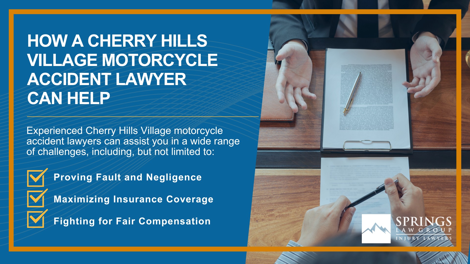 Hiring a Motorcycle Accident Lawyer in Cherry Hills Village, Colorado (CO); Types of Motorcycle Accidents in Cherry Hills Village, Colorado (CO); Motorcycle Insurance Laws in Cherry Hills Village, Colorado (CO); Navigating the Claims Process After a Motorcycle Accident in Cherry Hills Village, Colorado (CO); Common Injuries Sustained in Cherry Hills Village Motorcycle Accidents; How a Cherry Hills Village Motorcycle Accident Lawyer Can Help