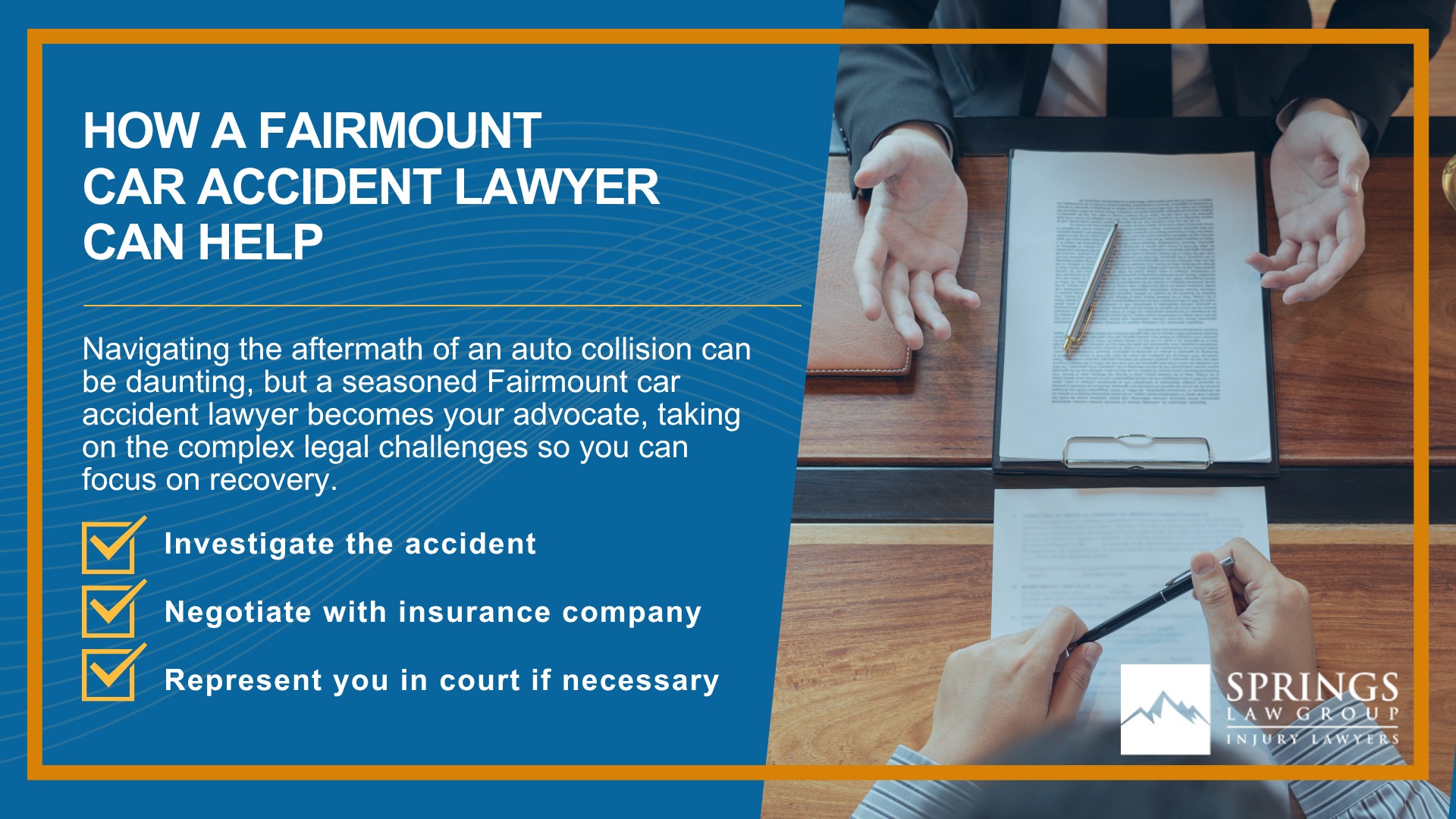 Why Hire a Fairmount Car Accident Lawyer; Experienced in Colorado car accident laws; Types of Car Accident Claims in Fairmount, Colorado (CO); Understanding Negligence in Fairmount Car Accidents; What to Do After a Car Accident in Fairmount, Colorado (CO); Compensation and Damages in a Car Accident Claim in Fairmount, Colorado (CO); How a Fairmount Car Accident Lawyer Can Help