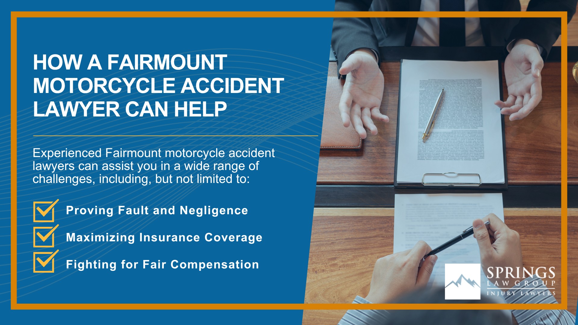 Hiring a Motorcycle Accident Lawyer in Fairmount, Colorado (CO); Types of Motorcycle Accidents in Fairmount, Colorado (CO); Motorcycle Insurance Laws in Fairmount, Colorado (CO); Navigating the Claims Process After a Motorcycle Accident in Fairmount, Colorado (CO); Common Injuries Sustained in Fairmount Motorcycle Accidents; How a Fairmount Motorcycle Accident Lawyer Can Help