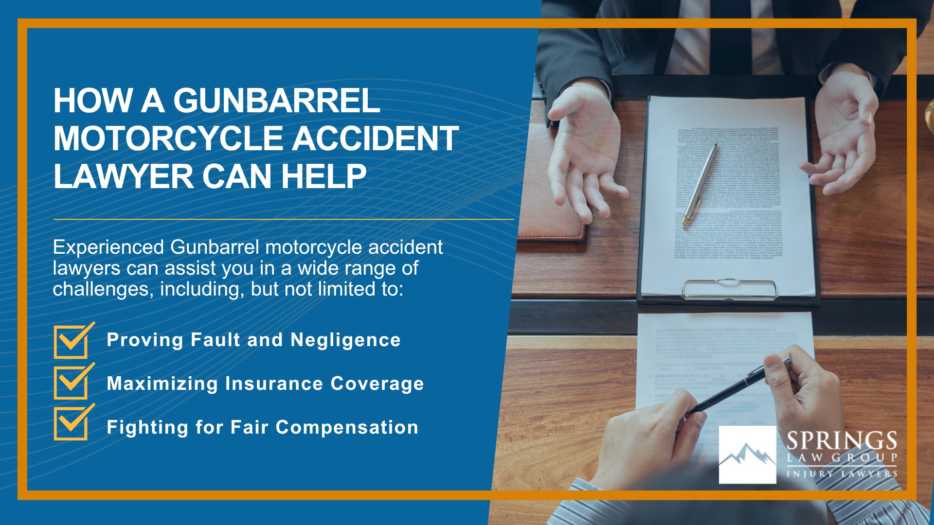 Hiring a Motorcycle Accident Lawyer in Gunbarrel, Colorado (CO); Types of Motorcycle Accidents in Gunbarrel, Colorado (CO); Motorcycle Insurance Laws in Gunbarrel, Colorado (CO); Navigating the Claims Process After a Motorcycle Accident in Gunbarrel, Colorado (CO); Common Injuries Sustained in Gunbarrel Motorcycle Accidents; How a Gunbarrel Motorcycle Accident Lawyer Can Help