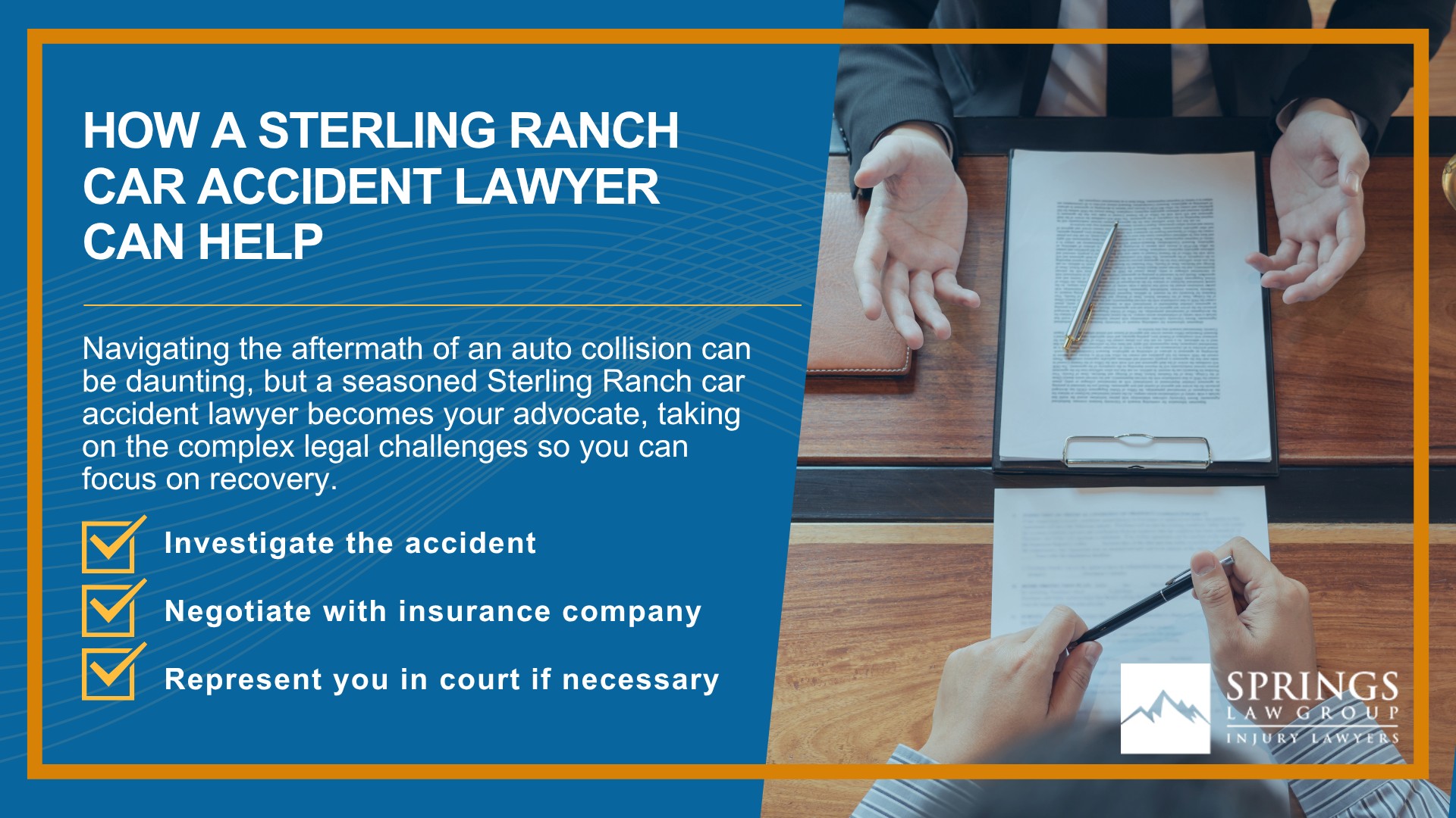 Why Hire a Sterling Ranch Car Accident Lawyer; Experienced in Colorado car accident laws; Types of Car Accident Claims in Sterling Ranch, Colorado (CO); Understanding Negligence in Sterling Ranch Car Accidents; What to Do After a Car Accident in Sterling Ranch, Colorado (CO); Compensation and Damages in a Car Accident Claim in Sterling Ranch, Colorado (CO); How a Sterling Ranch Car Accident Lawyer Can Help