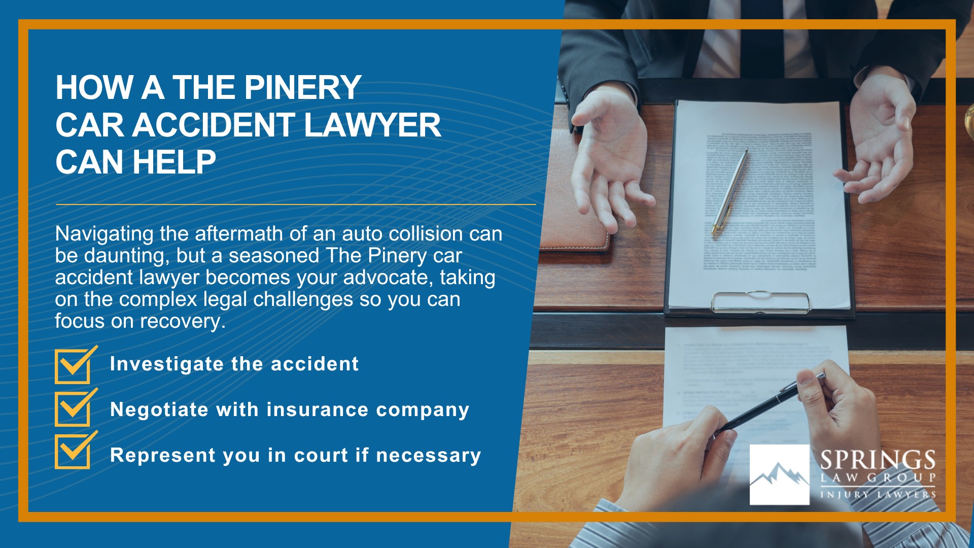 Why Hire a The Pinery Car Accident Lawyer; Types of Car Accident Claims in The Pinery, Colorado (CO); Understanding Negligence in The Pinery Car Accidents; What to Do After a Car Accident in The Pinery, Colorado (CO); Compensation and Damages in a Car Accident Claim in The Pinery, Colorado (CO); How a The Pinery Car Accident Lawyer Can Help