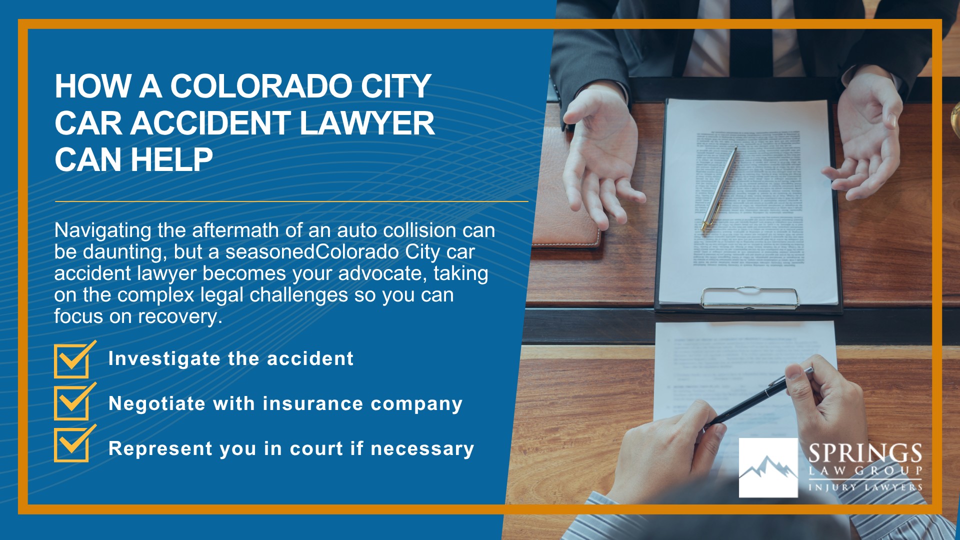 Why Hire a Colorado City Car Accident Lawyer; Experienced in Colorado car accident laws; Types of Car Accident Claims in Colorado City, Colorado (CO); Understanding Negligence in Todd Creek Car Accidents; What to Do After a Car Accident in Todd Creek, Colorado (CO); Compensation and Damages in a Car Accident Claim in Todd Creek, Colorado (CO); How a Todd Creek Car Accident Lawyer Can Help