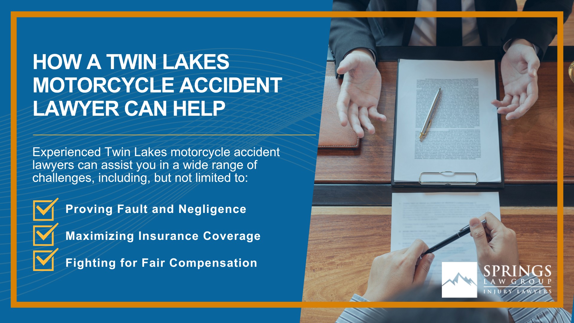 Hiring a Motorcycle Accident Lawyer in Twin Lakes, Colorado (CO); Types of Motorcycle Accidents in Twin Lakes, Colorado (CO); Motorcycle Insurance Laws in Twin Lakes, Colorado (CO); Navigating the Claims Process After a Motorcycle Accident in Twin Lakes, Colorado (CO); Common Injuries Sustained in Twin Lakes Motorcycle Accidents; How a Twin Lakes Motorcycle Accident Lawyer Can Help