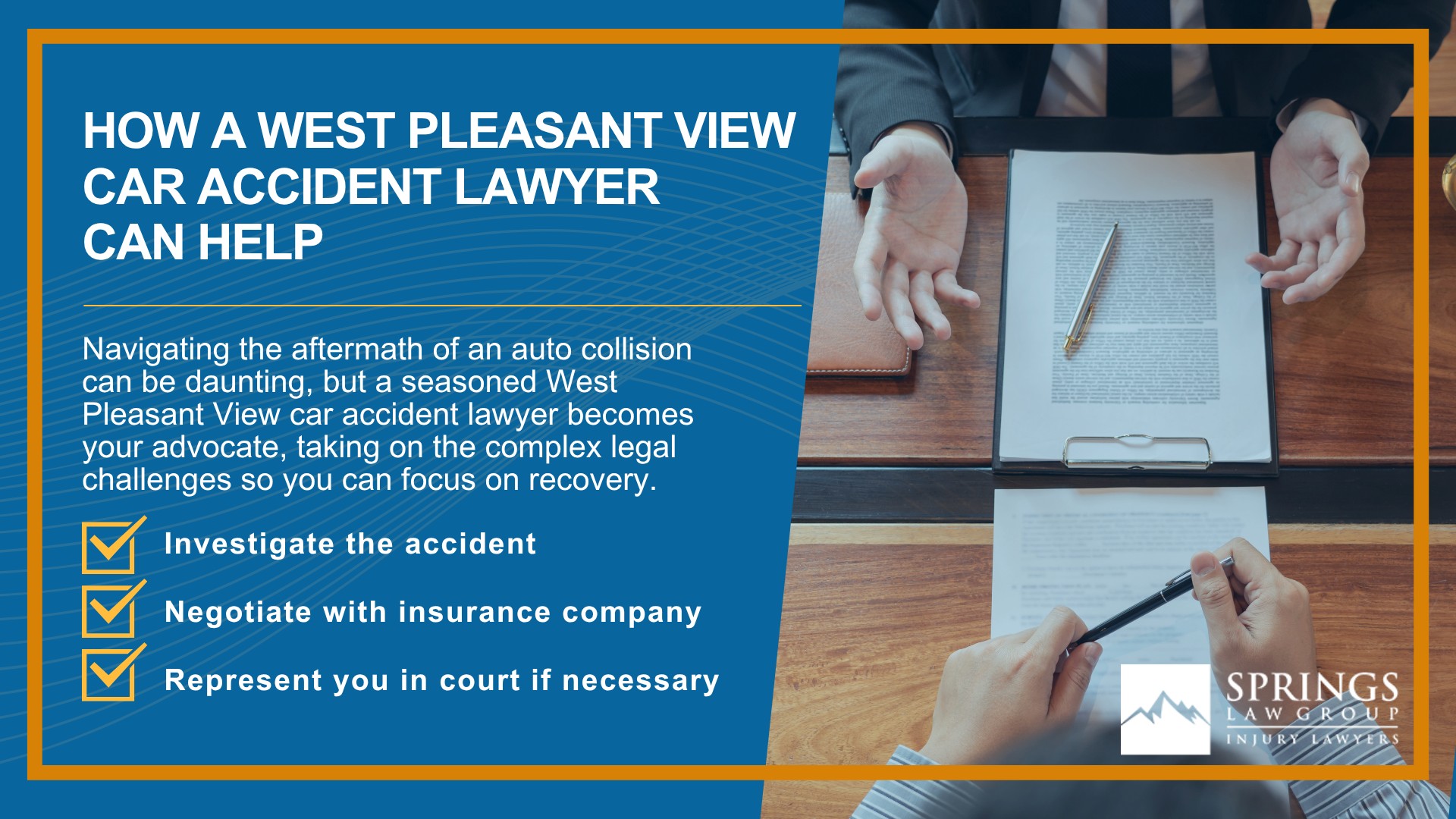 Why Hire a West Pleasant View Car Accident Lawyer; Experienced in Colorado car accident laws; Types of Car Accident Claims in West Pleasant View, Colorado (CO); Understanding Negligence in West Pleasant View Car Accidents; What to Do After a Car Accident in West Pleasant View, Colorado (CO); How a West Pleasant View Car Accident Lawyer Can Help