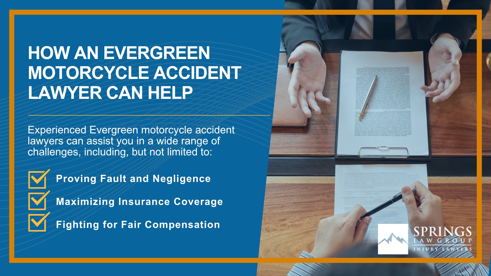 Hiring a Motorcycle Accident Lawyer in Evergreen, Colorado (CO); Types of Motorcycle Accidents in Evergreen, Colorado (CO); Motorcycle Insurance Laws in Evergreen, Colorado (CO); Navigating the Claims Process After a Motorcycle Accident in Evergreen, Colorado (CO); Common Injuries Sustained in Elizabeth Motorcycle Accidents; How an Evergreen Motorcycle Accident Lawyer Can Help