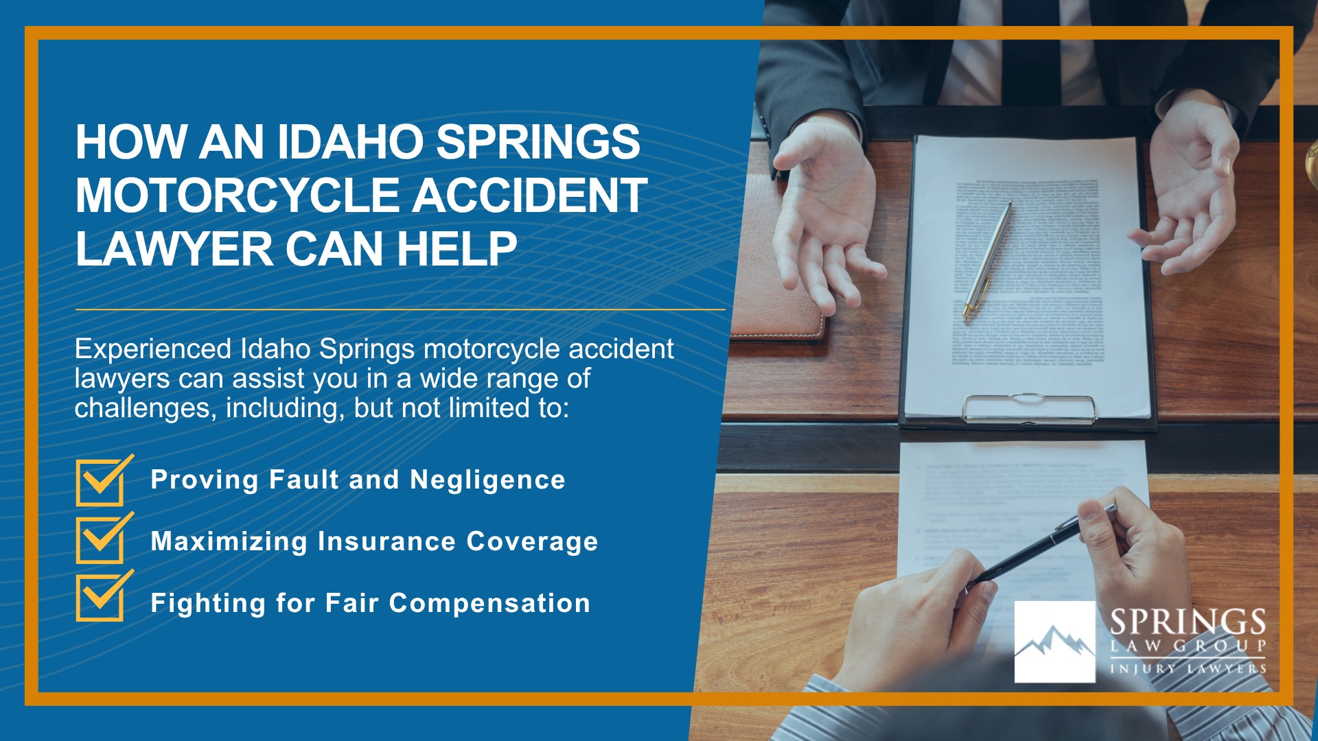 Hiring a Motorcycle Accident Lawyer in Idaho Springs, Colorado (CO); Types of Motorcycle Accidents in Idaho Springs, Colorado (CO); Motorcycle Insurance Laws in Idaho Springs, Colorado (CO); Navigating the Claims Process After a Motorcycle Accident in Idaho Springs, Colorado (CO); Common Injuries Sustained in Idaho Springs Motorcycle Accidents; How an Idaho Springs Motorcycle Accident Lawyer Can Help