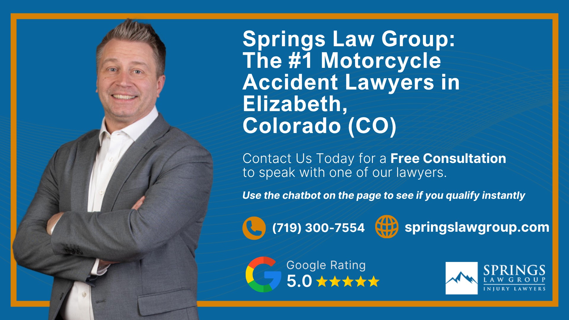 Hiring a Motorcycle Accident Lawyer in Elizabeth, Colorado (CO); Types of Motorcycle Accidents in Elizabeth, Colorado (CO); Motorcycle Insurance Laws in Elizabeth, Colorado (CO); Navigating the Claims Process After a Motorcycle Accident in Elizabeth, Colorado (CO); Common Injuries Sustained in Elizabeth Motorcycle Accidents; How an Elizabeth Motorcycle Accident Lawyer Can Help; Springs Law Group_ The #1 Motorcycle Accident Lawyers in Elizabeth, Colorado (CO)