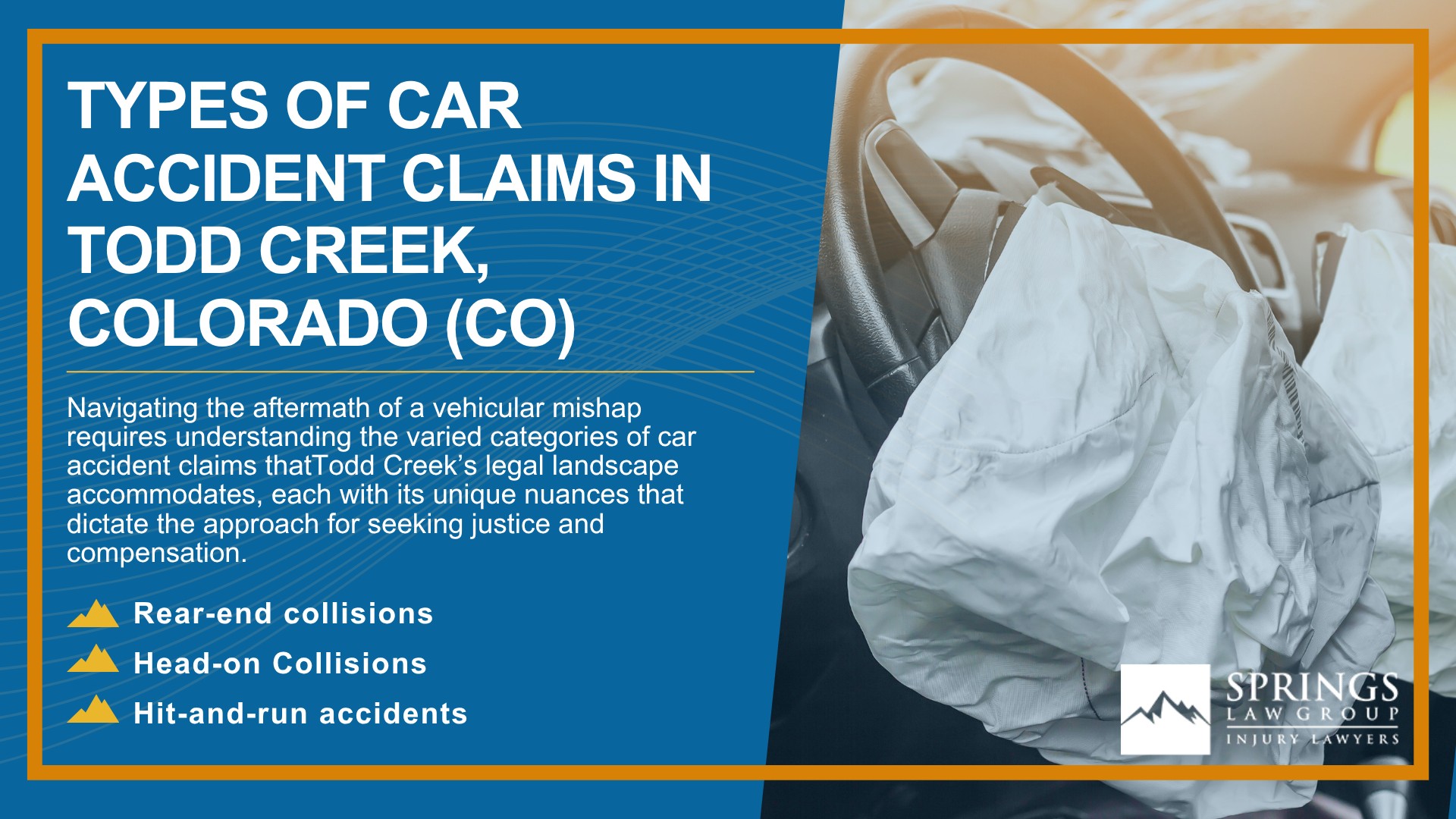 Why Hire a Todd Creek Car Accident Lawyer; Experienced in Colorado car accident laws; Types of Car Accident Claims in Todd Creek, Colorado (CO)