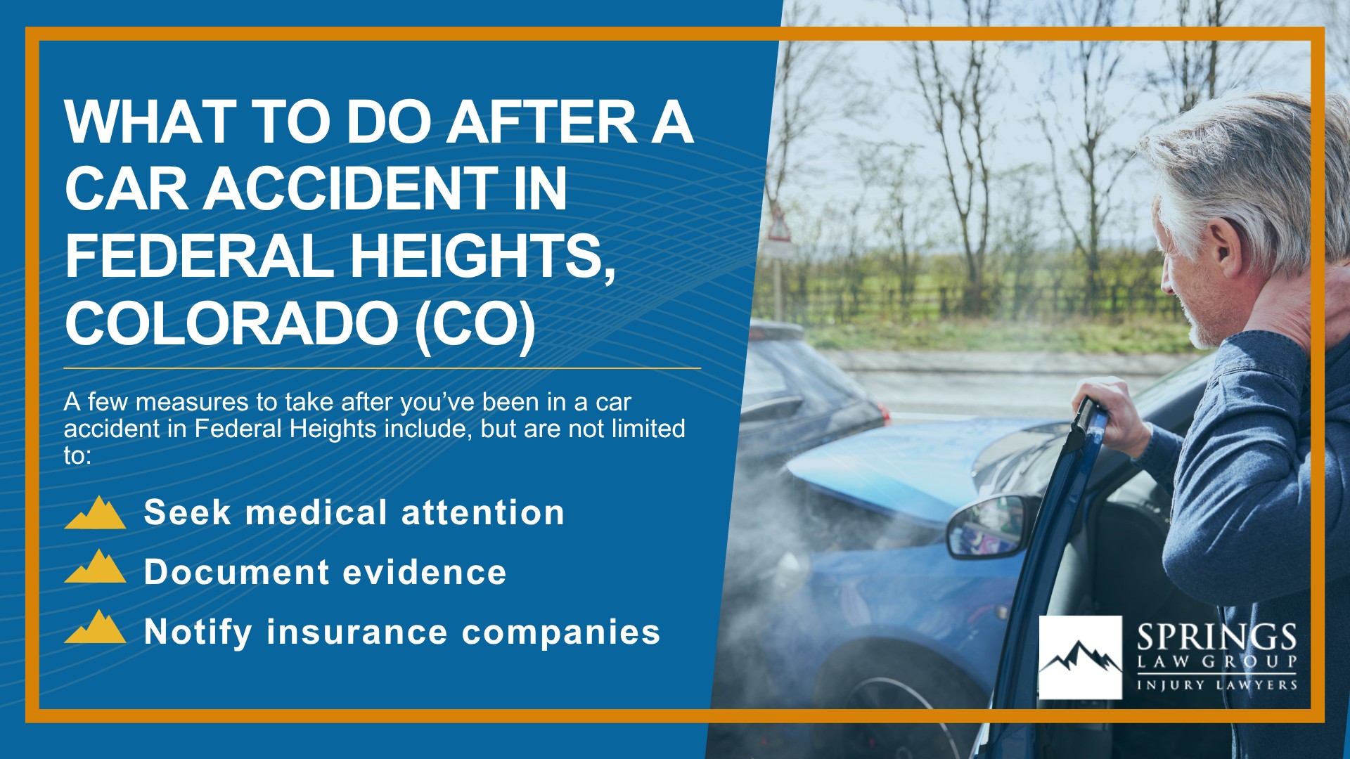 Why Hire a Federal Heights Car Accident Lawyer; Experienced in Colorado car accident laws; Types of Car Accident Claims in Federal Heights, Colorado (CO); Understanding Negligence in Federal Heights Car Accidents; What to Do After a Car Accident in Federal Heights, Colorado (CO)
