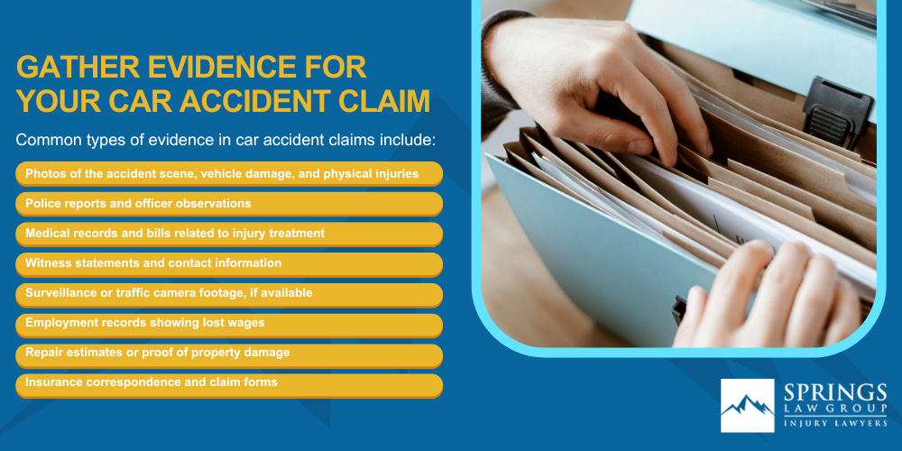 Understanding Colorado’s Fault-Based Insurance System; What to Do Immediately After a Car Crash in Colorado; The Car Accident Injury Claim Process in Colorado_ Step-by-Step; Gather Evidence for Your Car Accident Claim