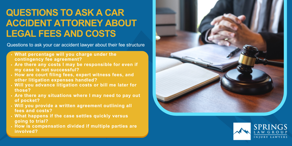 What Is a Contingency Fee and How Does It Work in Colorado Car Accident Cases; What is the Average Contingency Fee Percentage for Car Accident Cases; What Costs Are Covered in a Contingency Fee Agreement; Is a Car Accident Lawyer Worth Hiring Given the Contingency Fee Model; Questions to Ask a Car Accident Attorney About Legal Fees and Costs