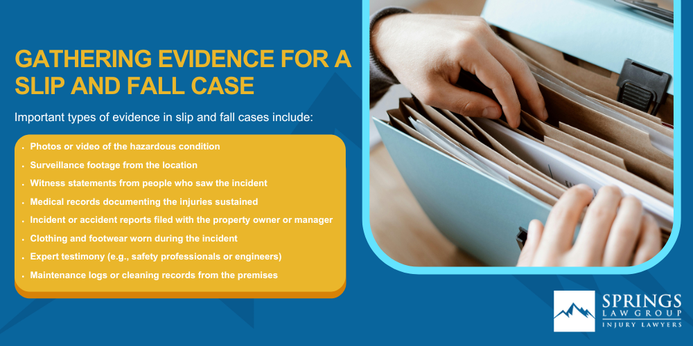 Common Premises Liability Cases; Common Slip and Fall Injuries; The Legal Process for a Slip and Fall Accident Lawsuit in Colorado; Gathering Evidence for a Slip and Fall Case