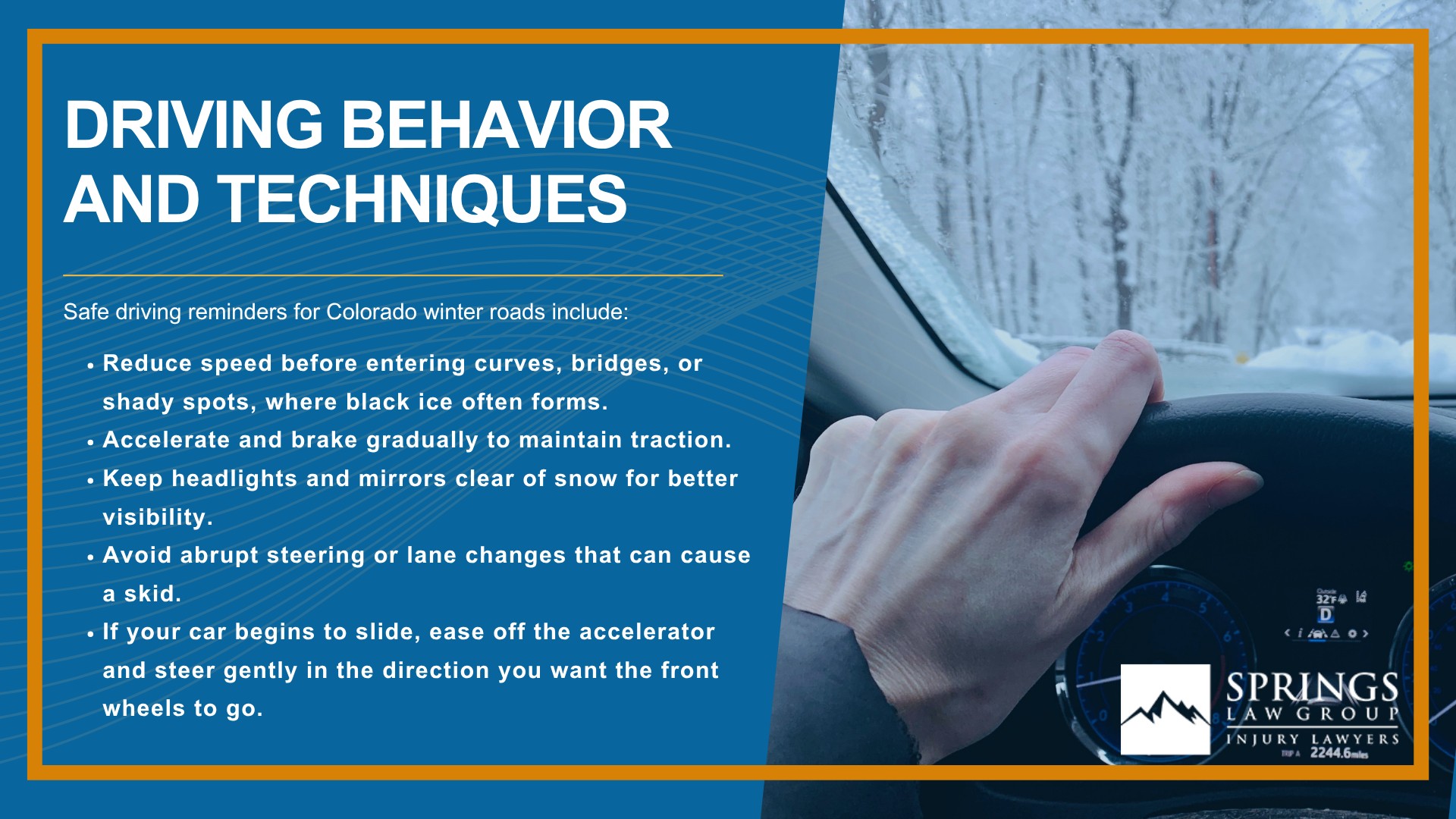 Colorado Winter Driving Laws and Traction Requirements; Vehicle Preparation and Maintenance; Driving Behavior and Techniques