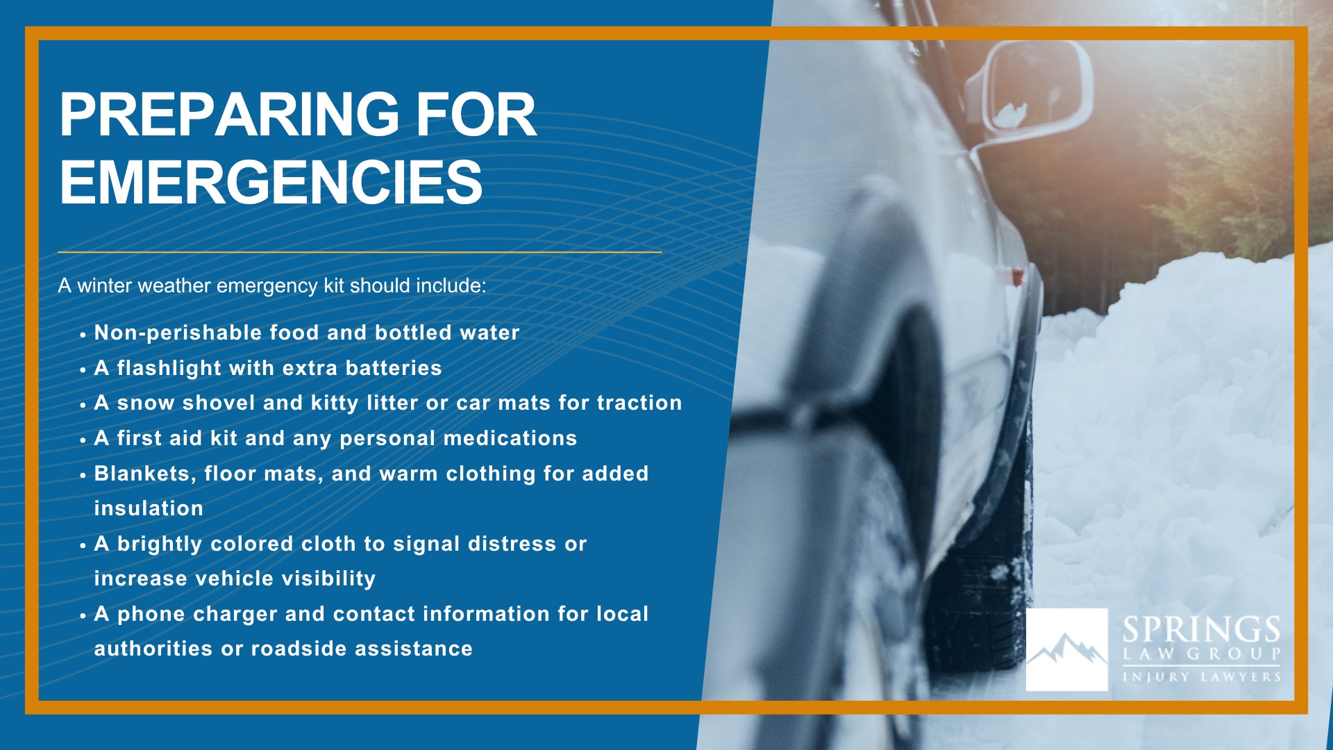 Colorado Winter Driving Laws and Traction Requirements; Vehicle Preparation and Maintenance; Driving Behavior and Techniques; Preparing for Emergencies