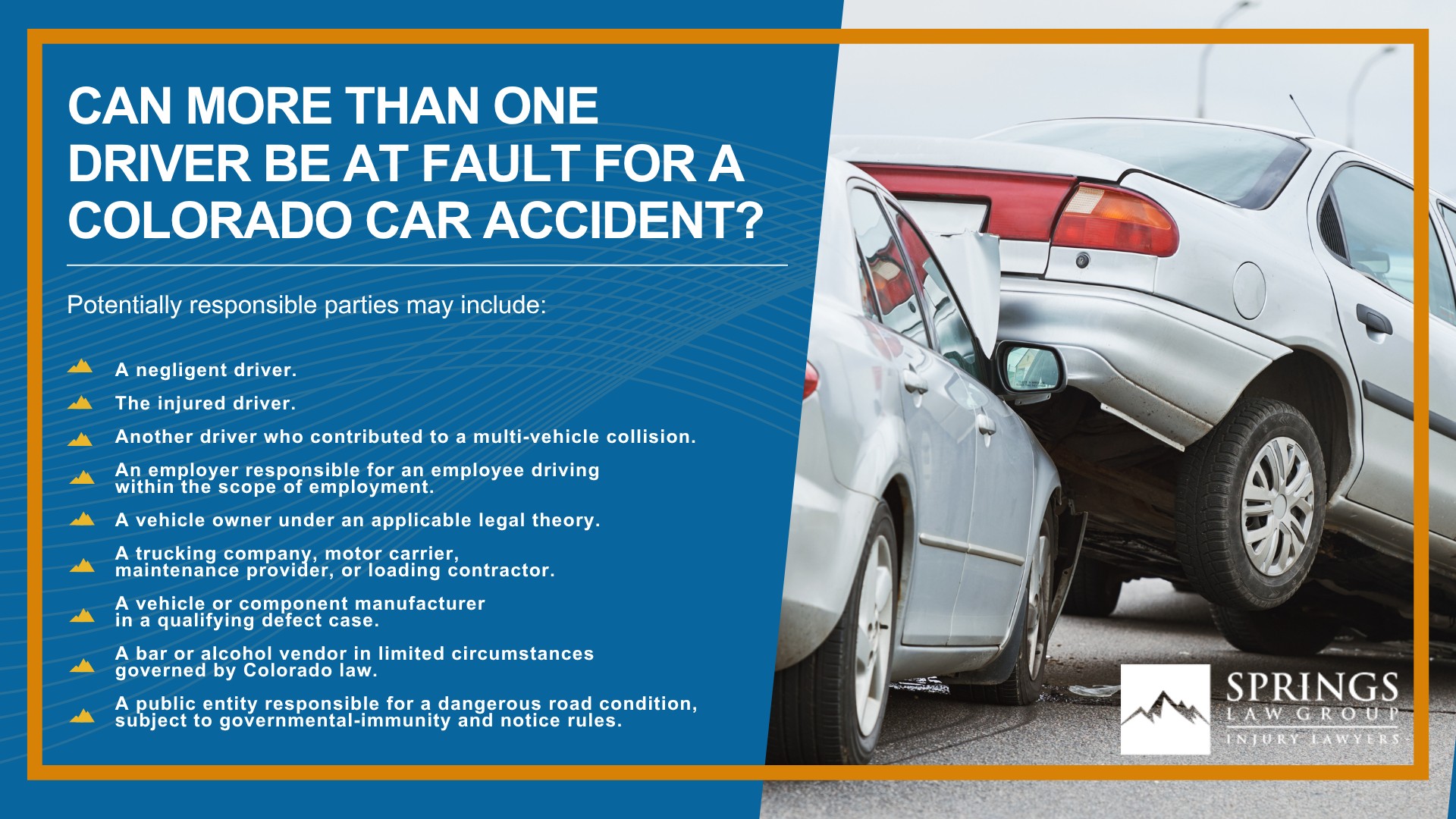 How Is Fault Determined in a Colorado Springs Car Accident; What Must Be Proven in a Colorado Car Accident Claim; What Is Comparative Fault in Colorado; Can More Than One Driver Be at Fault for a Colorado Car Accident
