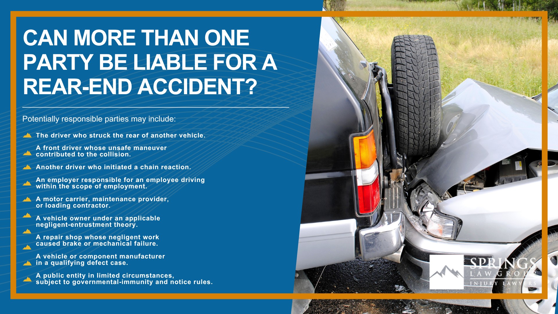 What Are My Rights After a Colorado Springs Rear-End Car Accident; Who Is at Fault in a Rear-End Car Accident in Colorado; Is the Rear Driver Always at Fault in a Rear-End Accident; What Must I Prove in a Rear-End Car Accident Claim; How Does Colorado Comparative Negligence Affect a Rear-End Accident Claim; Can More Than One Party Be Liable for a Rear-End Accident