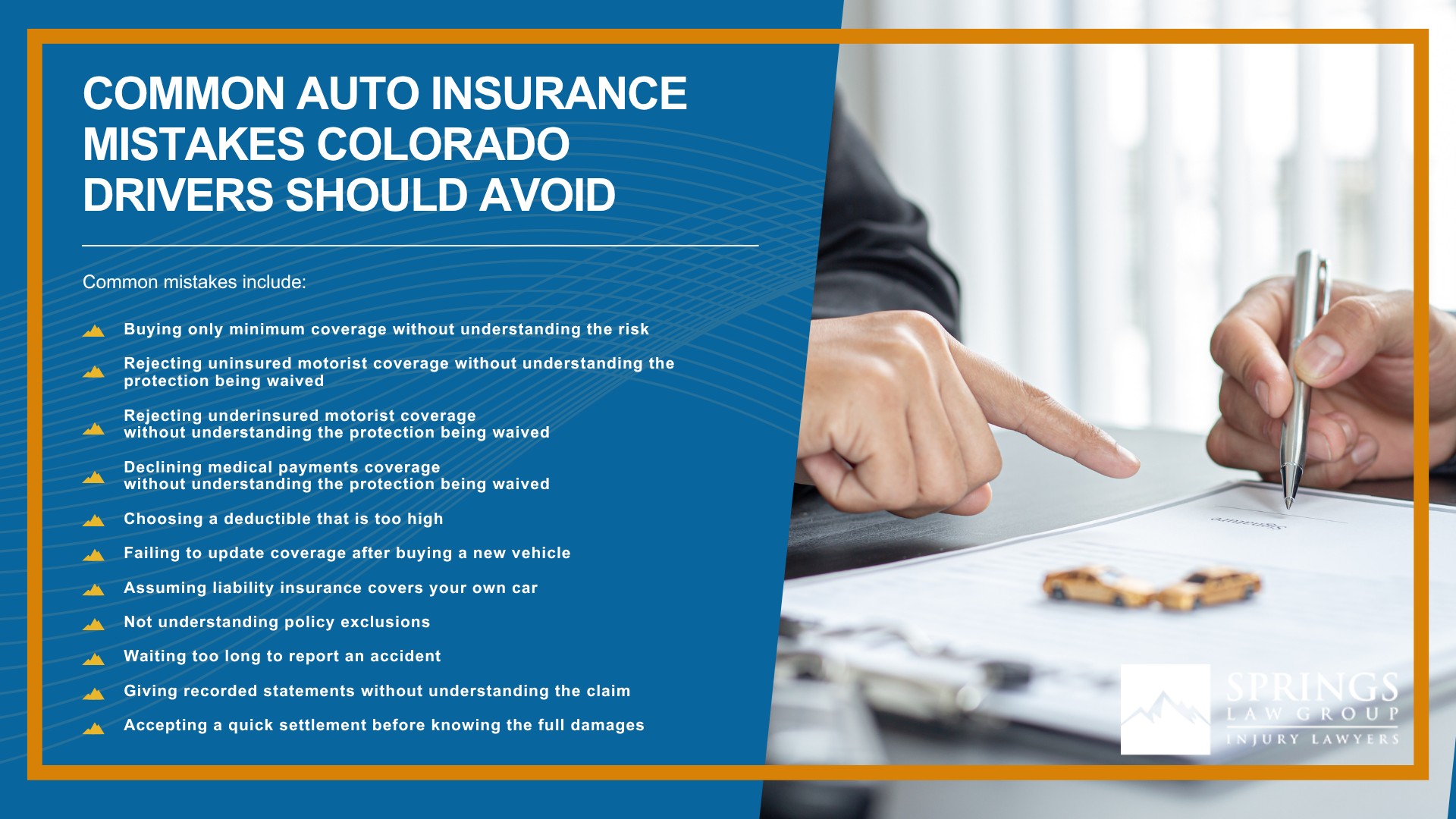 Colorado Minimum Auto Insurance Requirements; Types of Auto Insurance Colorado Springs Drivers May Consider; Medical Payments Coverage After a Colorado Car Accident; How Auto Insurance Works After a Hit-and-Run Accident; Common Auto Insurance Mistakes Colorado Drivers Should Avoid