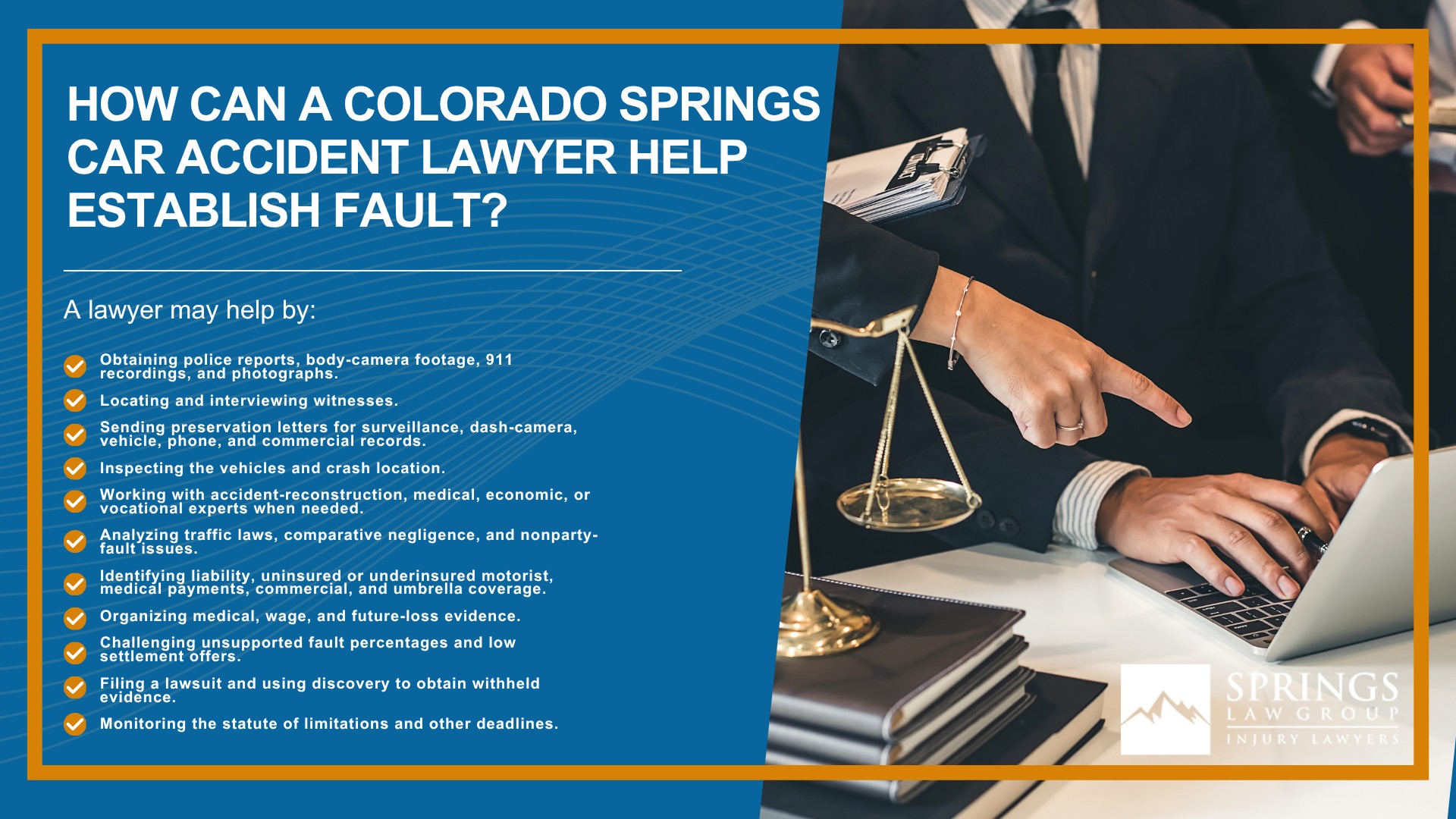 How Is Fault Determined in a Colorado Springs Car Accident; What Must Be Proven in a Colorado Car Accident Claim; What Is Comparative Fault in Colorado; Can More Than One Driver Be at Fault for a Colorado Car Accident; What Evidence Establishes Fault in a Colorado Springs Car Accident; Does a Police Report Decide Who Is at Fault; Does a Traffic Ticket Prove Fault in a Colorado Car Accident; How Do Insurance Companies Determine Fault After a Car Accident; What Are Common Fault Disputes in Colorado Springs Car Accidents; How Can a Colorado Springs Car Accident Lawyer Help Establish Fault