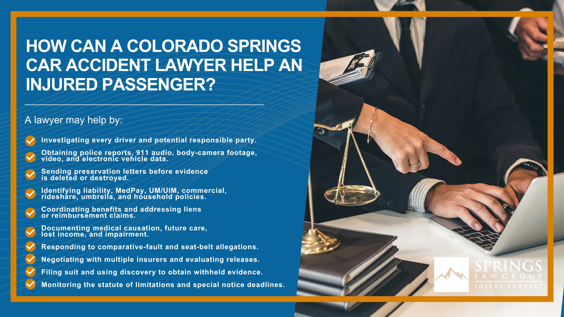 What Rights Does a Passenger Have After a Colorado Springs Car Accident; Is a Passenger Ever at Fault for a Car Accident in Colorado; Can I File a Claim If the At-Fault Driver Is My Spouse, Relative, or Friend; What Must a Passenger Prove in a Colorado Car Accident Claim; Is a Passenger Ever at Fault for a Car Accident in Colorado; What Insurance Pays an Injured Passenger’s Claim; What Compensation Can an Injured Passenger Recover; What Evidence Is Needed for a Passenger Car Accident Claim; How Can a Colorado Springs Car Accident Lawyer Help an Injured Passenger